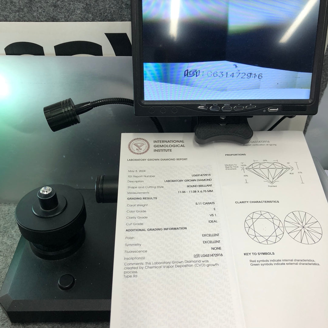 Diamant rond de 5,11 carats, cultivé en laboratoire, 2EX ID, certifié IGI, CVD E VS1 