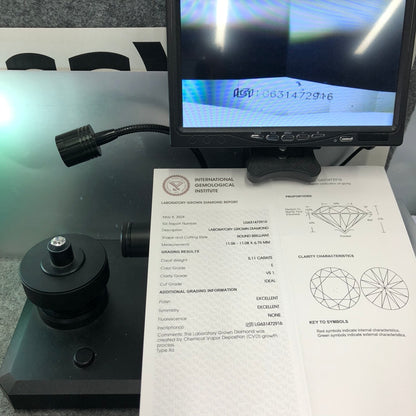 Diamant rond de 5,11 carats, cultivé en laboratoire, 2EX ID, certifié IGI, CVD E VS1 