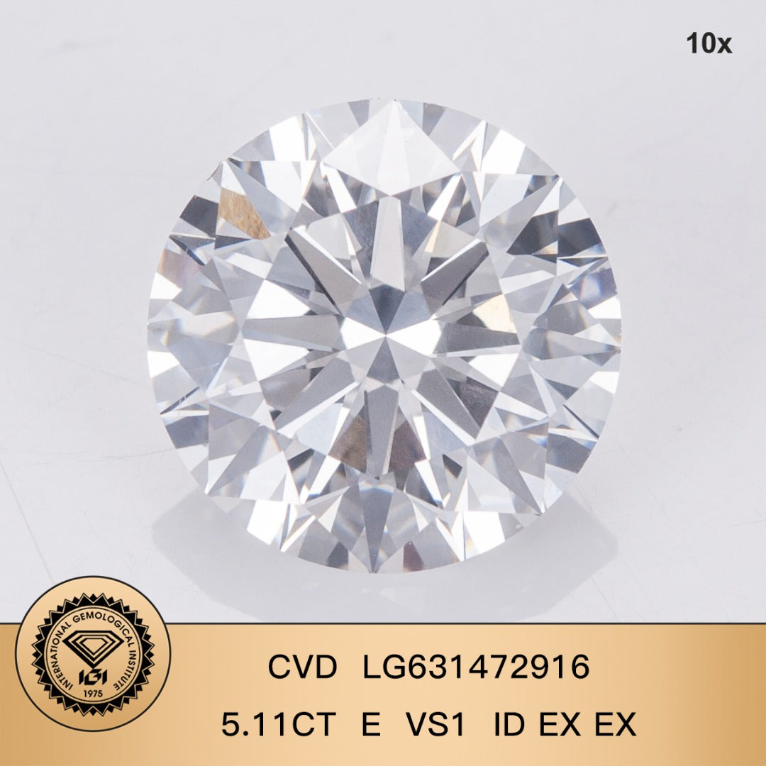 Diamant rond de 5,11 carats, cultivé en laboratoire, 2EX ID, certifié IGI, CVD E VS1 