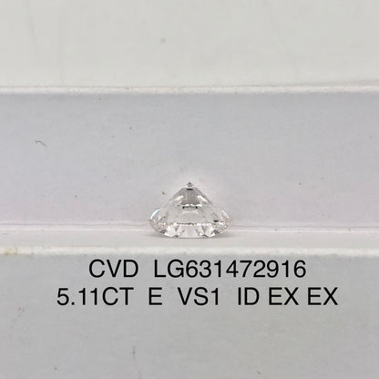 Diamant rond de 5,11 carats, cultivé en laboratoire, 2EX ID, certifié IGI, CVD E VS1 