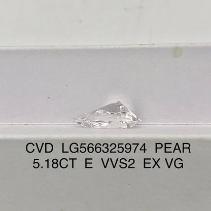 Diamant de 5,18 carats en forme de poire, certifié IGI, certifié CVD E VVS2, EX VG 