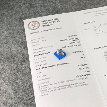 Diamant de laboratoire de 5,32 carats, taille émeraude, certifié IGI 2EX, CVD VVS1 F 