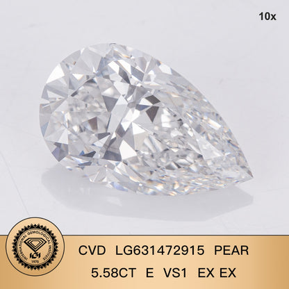 Diamant de laboratoire de 5,58 carats en forme de poire 2EX certifié IGI CVD E VS1 
