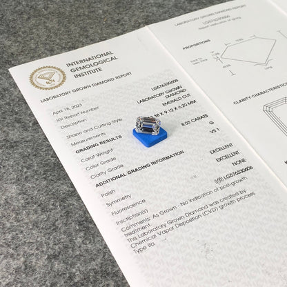Diamant de laboratoire VS1 de 8,03 carats, forme émeraude G, certifié 2EX IGI CVD 
