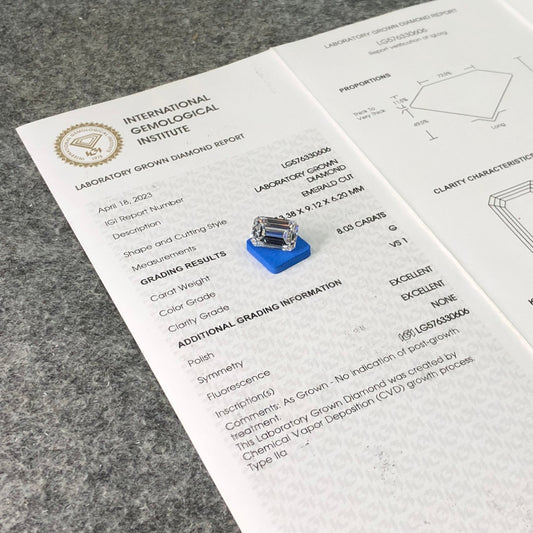 8.03 Carat VS1 Lab Grown Diamond G Emerald Shape 2EX IGI Certified CVD