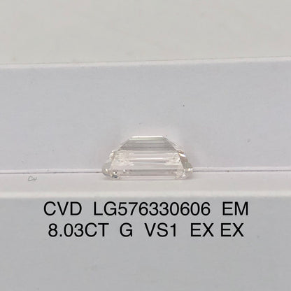 Diamant de laboratoire VS1 de 8,03 carats, forme émeraude G, certifié 2EX IGI CVD 