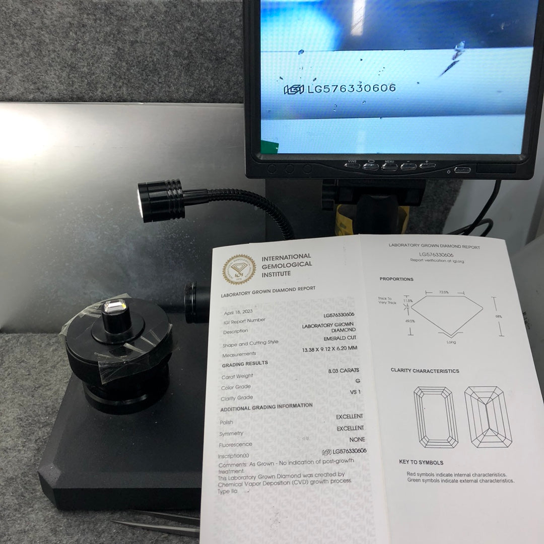 Diamant de laboratoire VS1 de 8,03 carats, forme émeraude G, certifié 2EX IGI CVD 