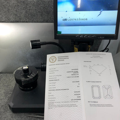 Diamant de laboratoire VS1 de 8,03 carats, forme émeraude G, certifié 2EX IGI CVD 