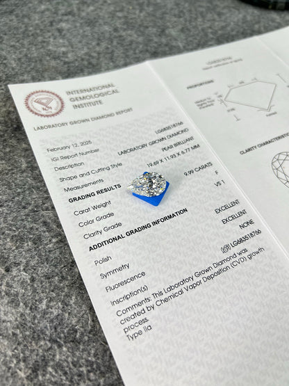 9.99 Carat IGI Certificate Lab Grown Pear Diamond F VS1 2EX CVD