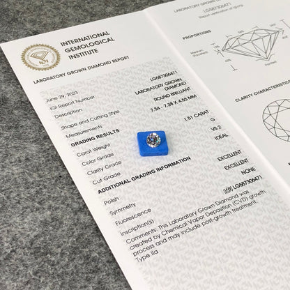Diamant de laboratoire certifié IGI CVD 1,51 carat G VS2 ID 2EX 