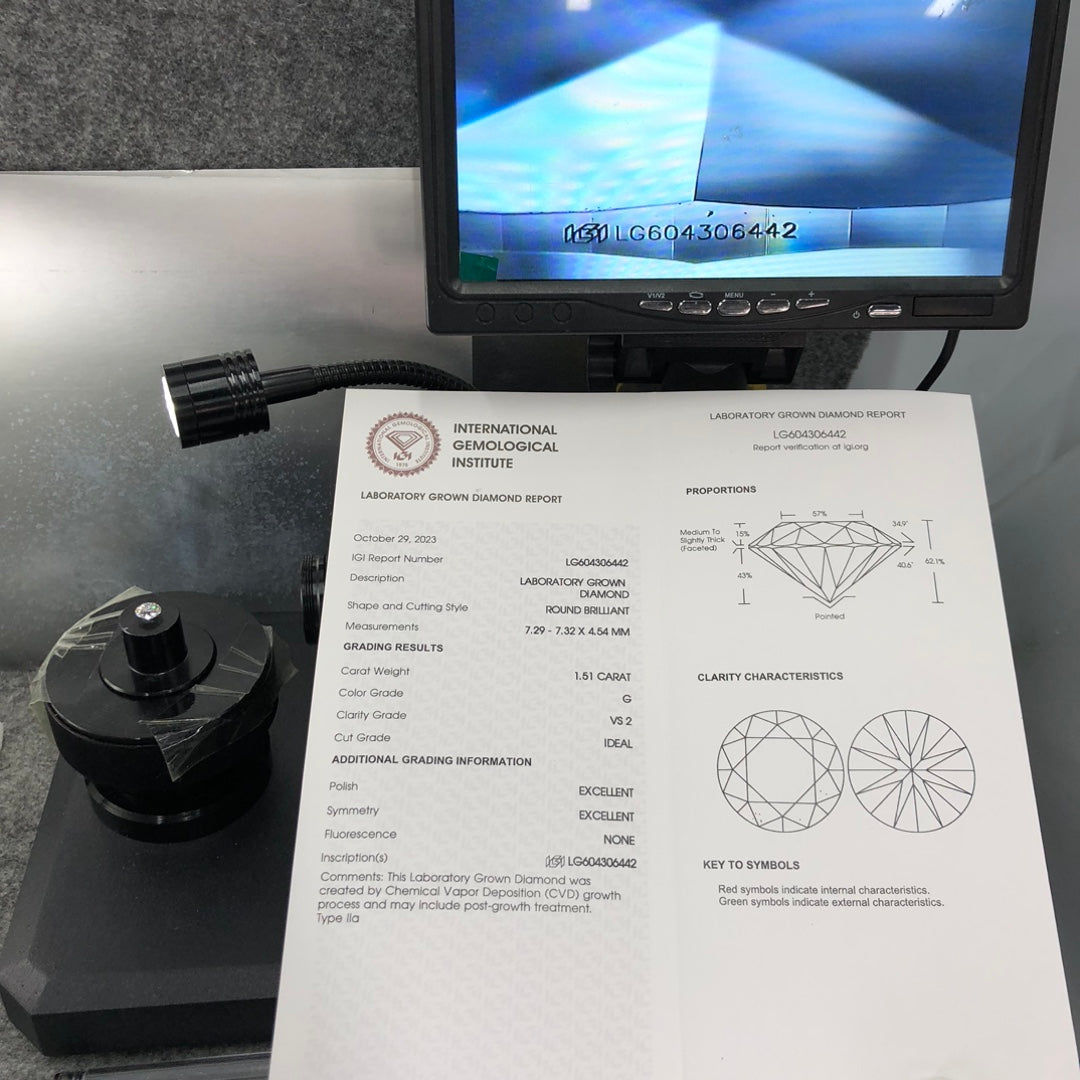 CVD 1.51 Carat IGI Certificate Lab Grown Diamond G VS2 ID 2EX Round