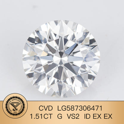 Diamant de laboratoire certifié IGI CVD 1,51 carat G VS2 ID 2EX 