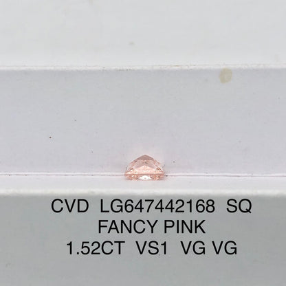 CVD 1.52 Carat IGI Certificate Lab Grown Diamond Fancy Pink VS1 Princess 2VG