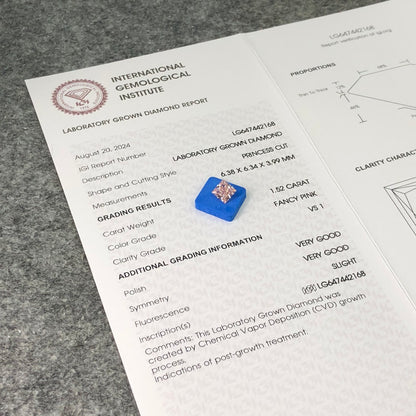 CVD 1.52 Carat IGI Certificate Lab Grown Diamond Fancy Pink VS1 Princess 2VG