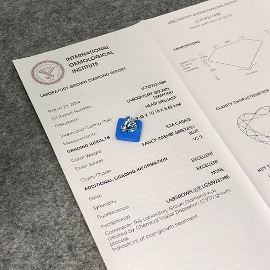 Fancy Intense Greenish Blue Lab Grown Diamond Heart Shape 2EX IGI Certified CVD VS2 3.26 Carat