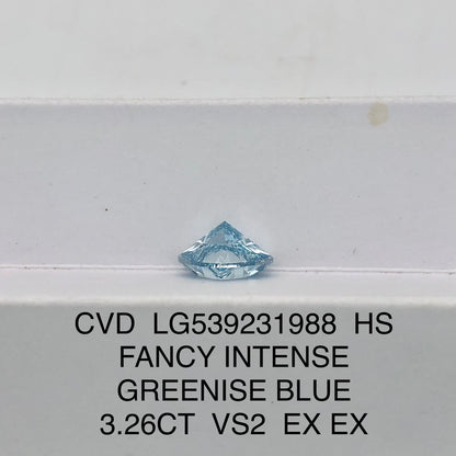 Fancy Intense Greenish Blue Lab Grown Diamond Heart Shape 2EX IGI Certified CVD VS2 3.26 Carat