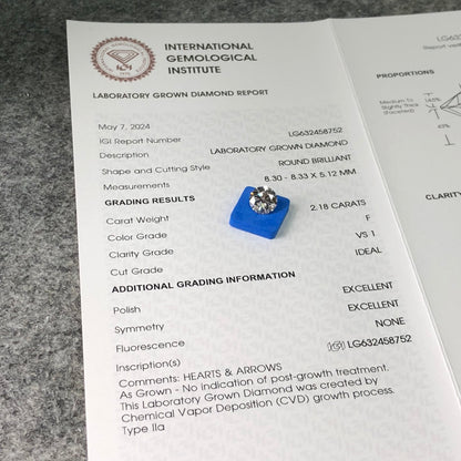 Diamant de laboratoire de 2,18 carats, certifié IGI, créé en laboratoire, F VS1 ID 2EX CVD 