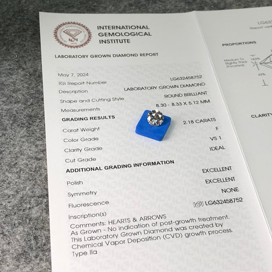 Diamant de laboratoire de 2,18 carats, certifié IGI, créé en laboratoire, F VS1 ID 2EX CVD 