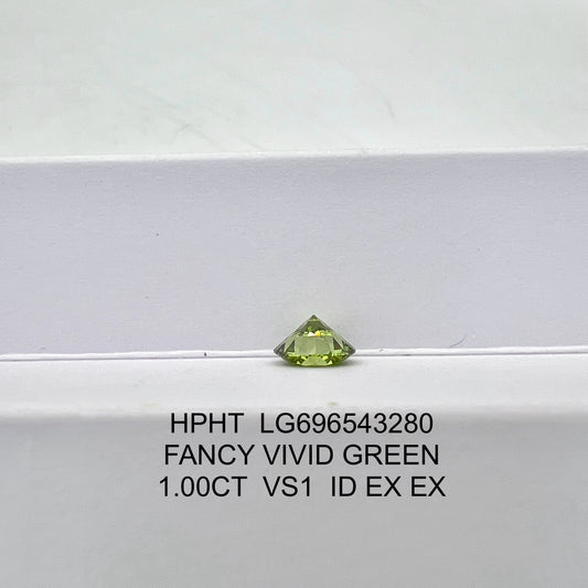 ID 2EX HPHT 1.00 Carat Lab Grown Round Diamond Fancy Vivid Green VS1 IGI Certified