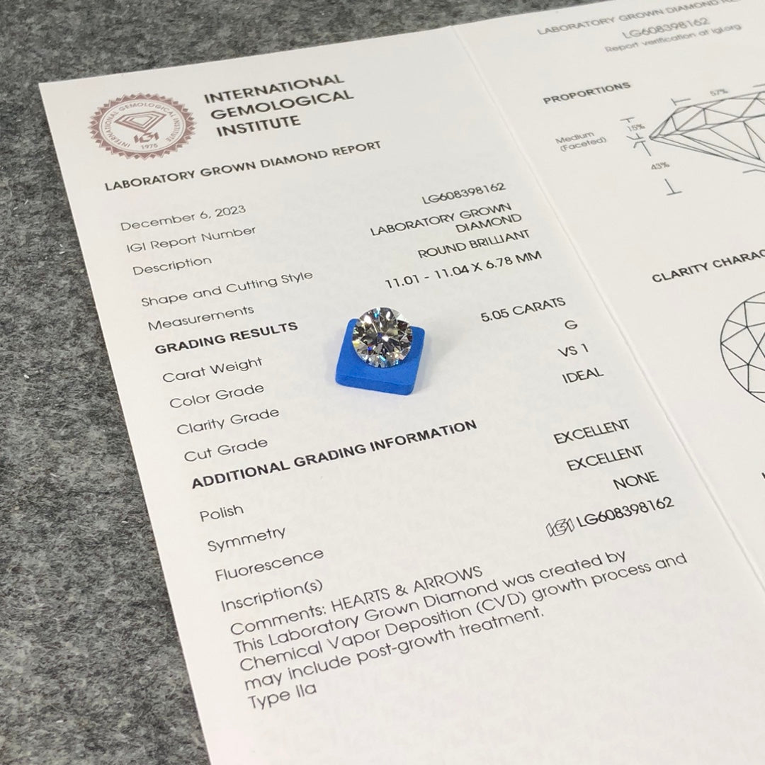 Diamant synthétique de 5,05 carats, certifié IGI, CVD VS1, excellent diamant synthétique 