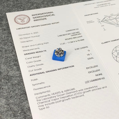 Diamant synthétique de 5,05 carats, certifié IGI, CVD VS1, excellent diamant synthétique 