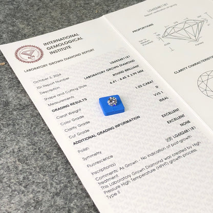 Diamant créé en laboratoire VVS1 IGI 1,02 carat rond D HPHT AUCUN 3EX 