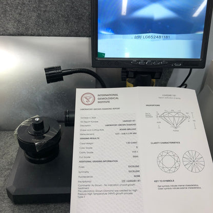 Diamant créé en laboratoire VVS1 IGI 1,02 carat rond D HPHT AUCUN 3EX 