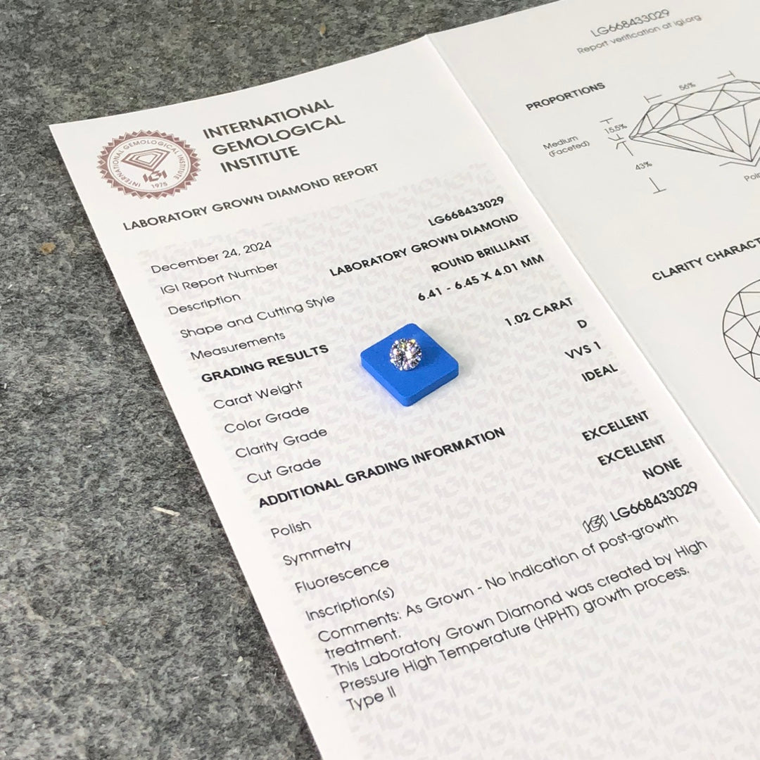 Diamant créé en laboratoire 1,02 carat rond D HPHT AUCUN 3EX VVS1 IGI 