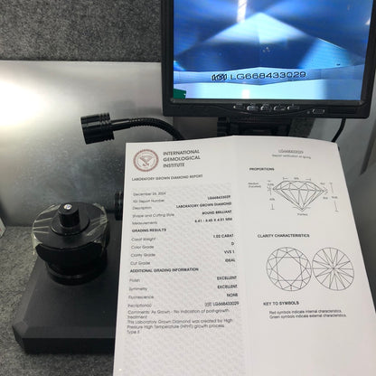 Diamant créé en laboratoire 1,02 carat rond D HPHT AUCUN 3EX VVS1 IGI 