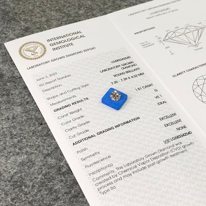 Lab Created Diamond EX Cut CVD 1.51 Carat IGI Certificate Lab Grown Diamond G VS1