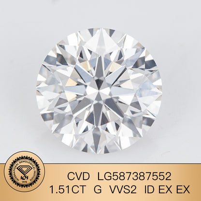 Lab Created Diamond EX Cut 1.51 Carat IGI Certificate Lab Grown Diamond G VVS2 CVD