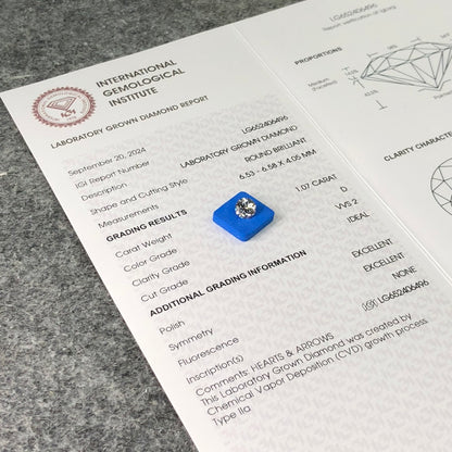 Diamant créé en laboratoire VVS2 IGI 1,07 carat D CVD AUCUN 3EX 