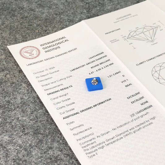 Diamant de laboratoire 1,01 D VVS1 IGI HPHT AUCUNE Fluorescence Idéal EX EX 