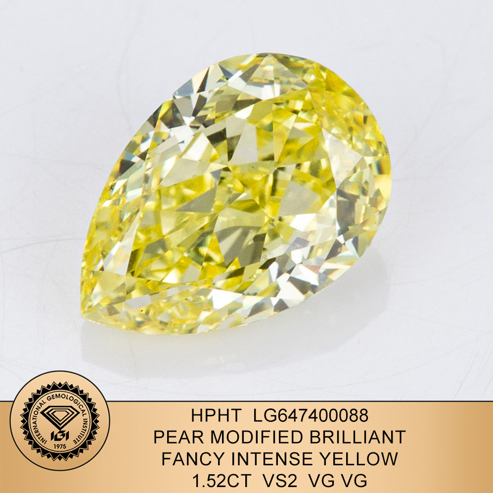 Lab Grown Diamond 1.52 Carat Fancy Intense Yellow VS2 VG VG IGI HPHT Pear Shape