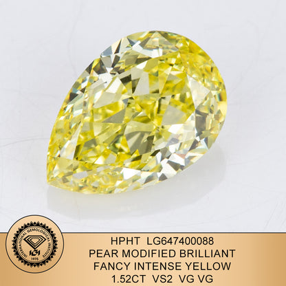 Lab Grown Diamond 1.52 Carat Fancy Intense Yellow VS2 VG VG IGI HPHT Pear Shape
