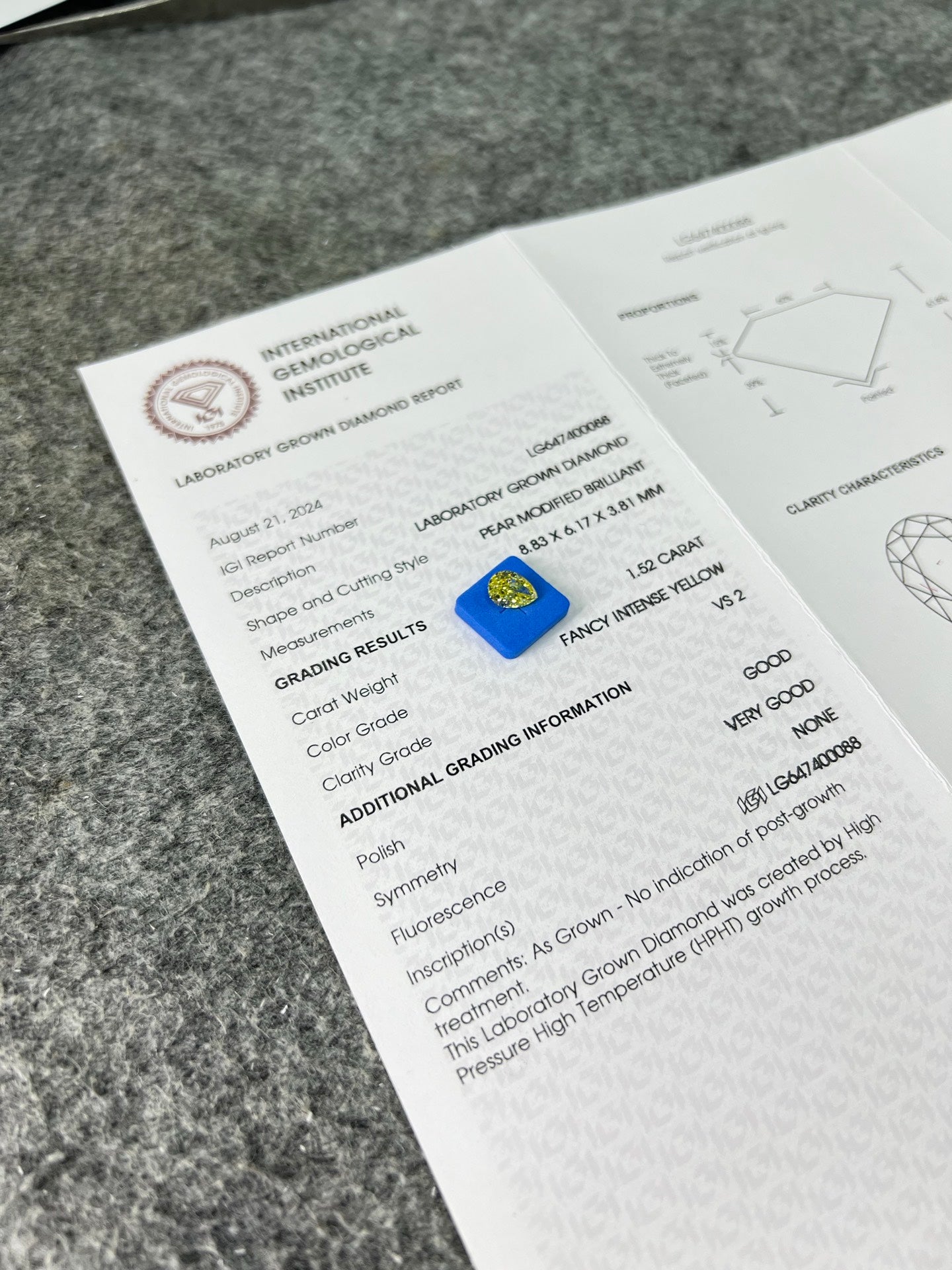 Lab Grown Diamond 1.52 Carat Fancy Intense Yellow VS2 VG VG IGI HPHT Pear Shape