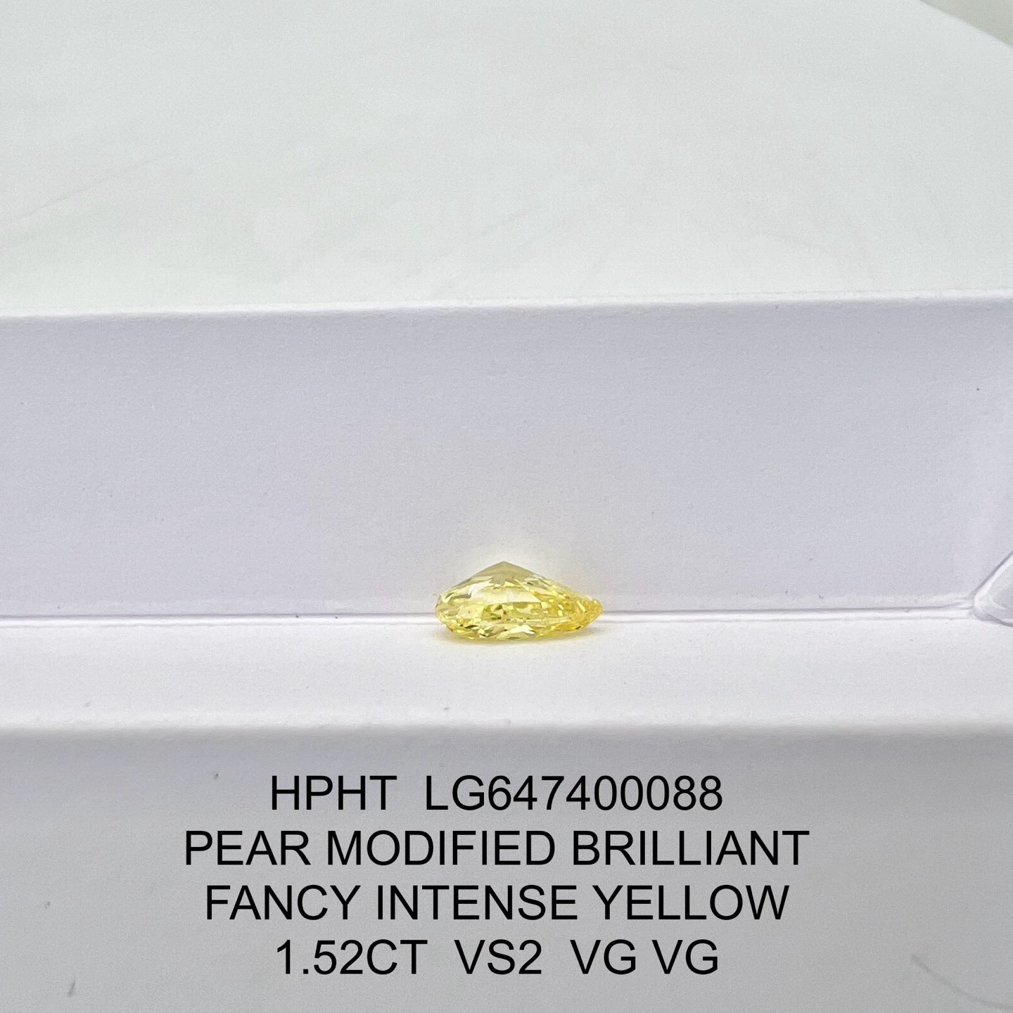 Lab Grown Diamond 1.52 Carat Fancy Intense Yellow VS2 VG VG IGI HPHT Pear Shape