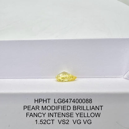 Lab Grown Diamond 1.52 Carat Fancy Intense Yellow VS2 VG VG IGI HPHT Pear Shape