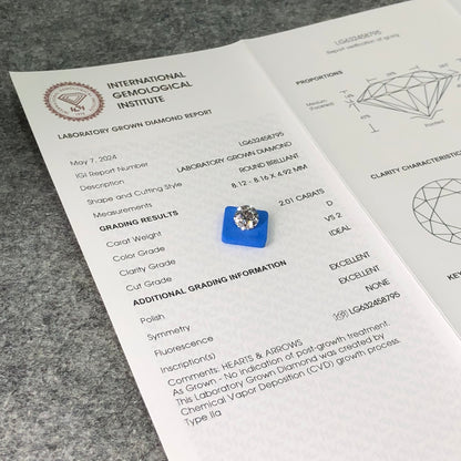 Diamant de laboratoire de 2,01 carats, certifié IGI, diamant créé en laboratoire D VS2 ID 2EX CVD 
