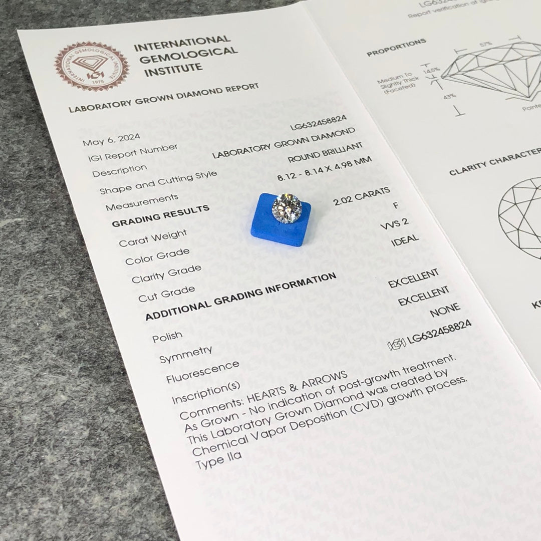 Diamant de laboratoire de 2,02 carats, certifié IGI, diamant créé en laboratoire F VVS2 ID 2EX CVD 