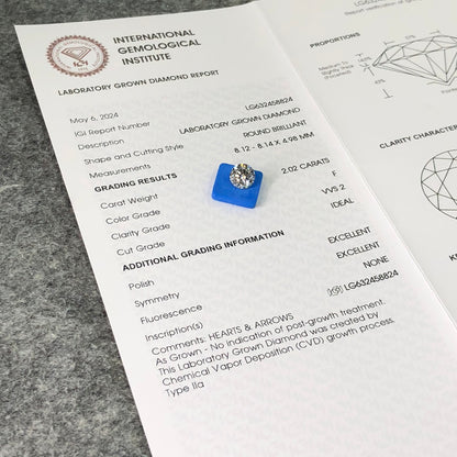 Diamant de laboratoire de 2,02 carats, certifié IGI, diamant créé en laboratoire F VVS2 ID 2EX CVD 
