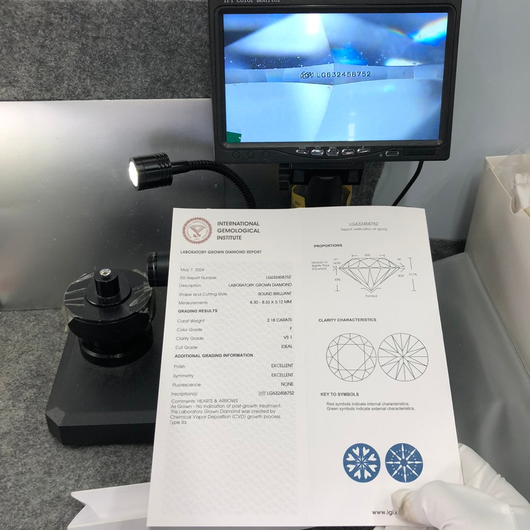 Diamant de laboratoire de 2,18 carats, certifié IGI, créé en laboratoire, F VS1 ID 2EX CVD 