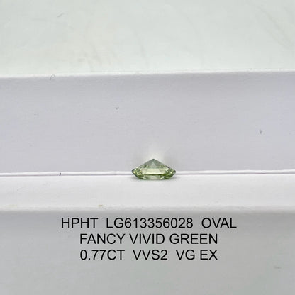Lab Grown Diamond Fancy Vivid Green Oval 0.77 Carat VG EX HPHT VVS2 IGI Certified