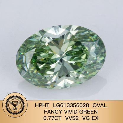 Lab Grown Diamond Fancy Vivid Green Oval 0.77 Carat VG EX HPHT VVS2 IGI Certified