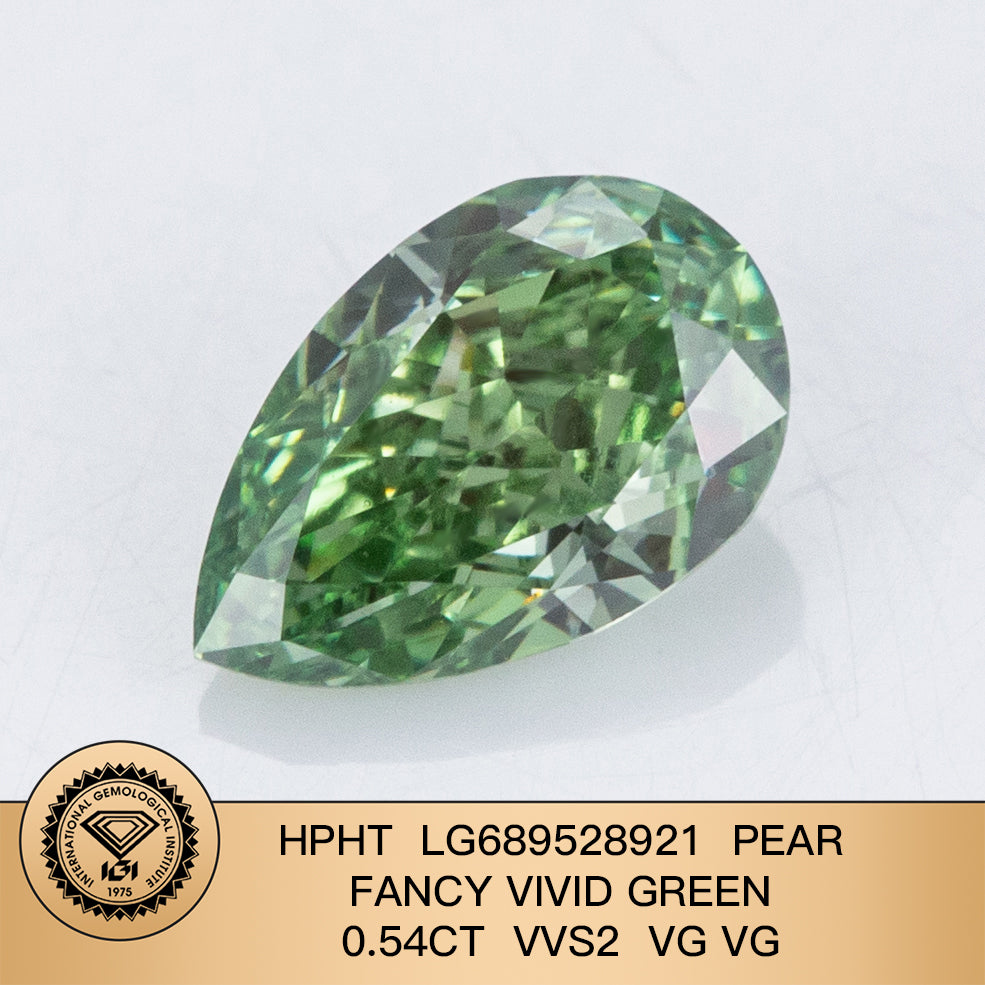 Lab Grown Diamond Fancy Vivid Green Pear 0.54 Carat 2VG HPHT VVS2 IGI Certified