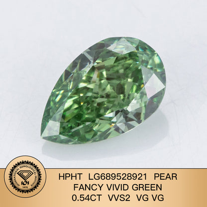 Lab Grown Diamond Fancy Vivid Green Pear 0.54 Carat 2VG HPHT VVS2 IGI Certified