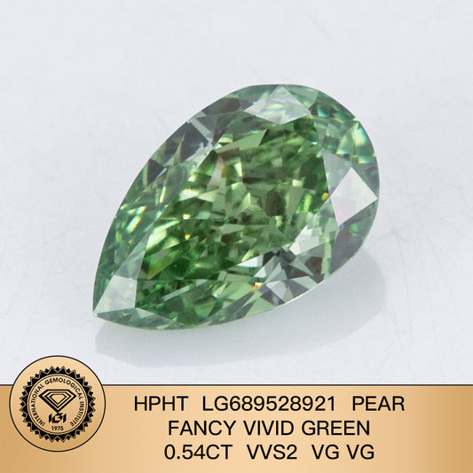 Lab Grown Diamond Fancy Vivid Green Pear 0.54 Carat 2VG HPHT VVS2 IGI Certified