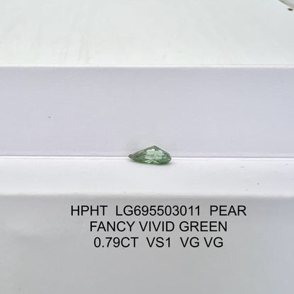 Lab Grown Diamond Fancy Vivid Green Pear 0.79 Carat 2VG HPHT VS1 IGI Certified
