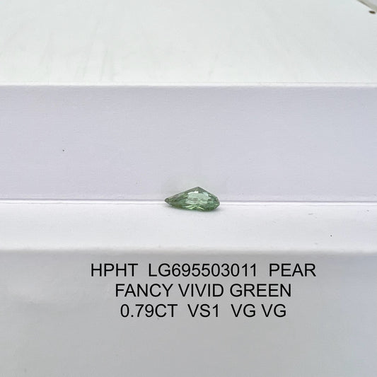 Lab Grown Diamond Fancy Vivid Green Pear 0.79 Carat 2VG HPHT VS1 IGI Certified