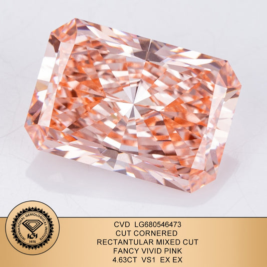 Lab Grown Diamond 4.63 Fancy Vivid Pink VS1 IGI Slight Fluorescence CVD Cut Cornered Rectangular
